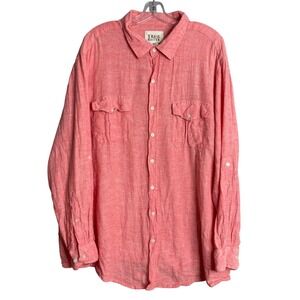 True Nation Linen Blend Button Front Shirt Mens 2XL Pink Roll Tab Sleeves Preppy